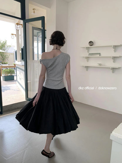 DKZ OFFICIAL Pleated Midi Skirt With Shirred Waist