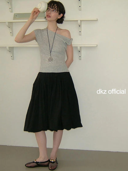 DKZ OFFICIAL Pleated Midi Skirt With Shirred Waist