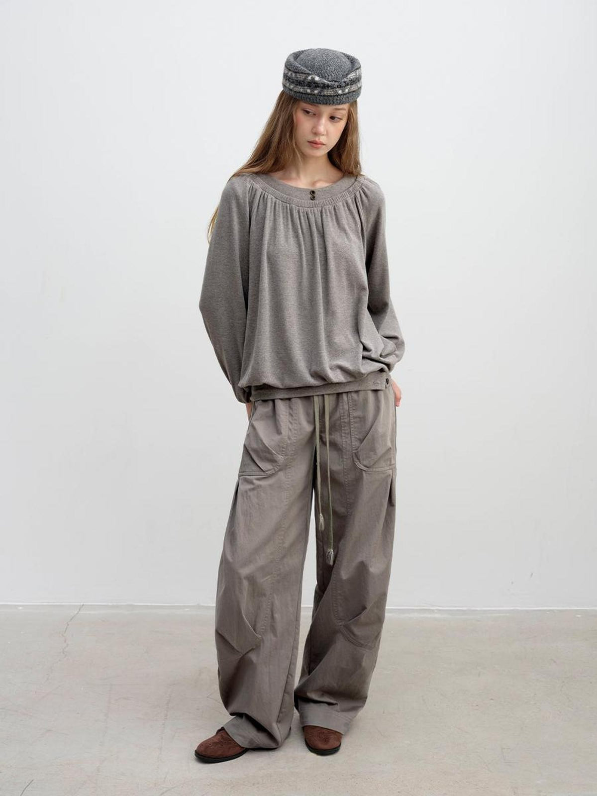 DKZ OFFICIAL Pleated Paneled Curved Loose Fit Women&