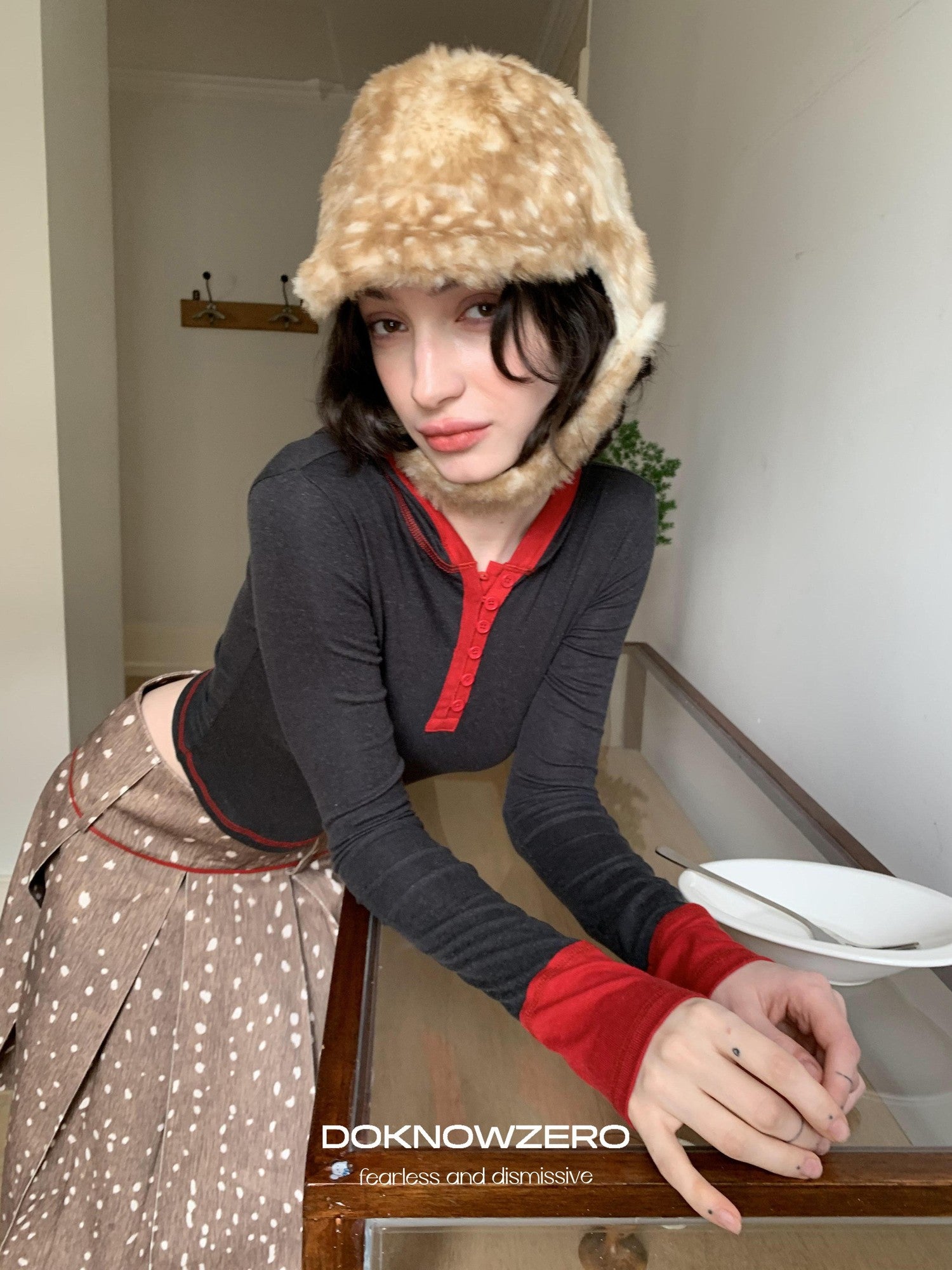 DKZ OFFICIAL Polka Dot Colorblock Hooded Knit Women&