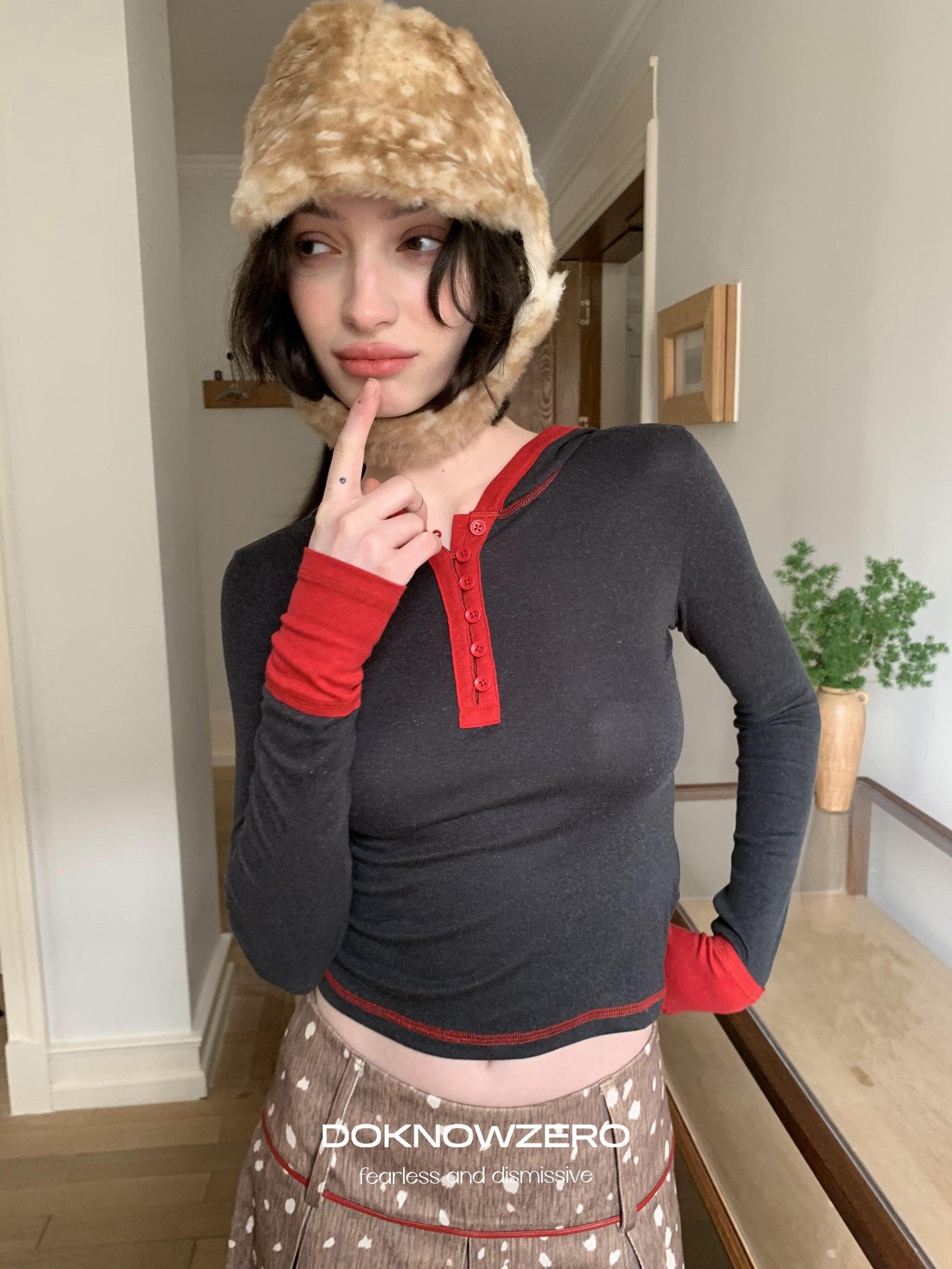 DKZ OFFICIAL Polka Dot Colorblock Hooded Knit Women&