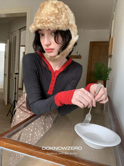 DKZ OFFICIAL Polka Dot Colorblock Hooded Knit Women&