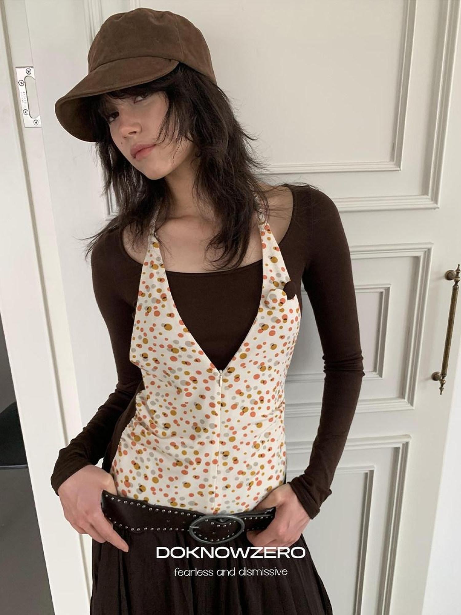 DKZ OFFICIAL Polka Dot Faux Two Piece Halter Women&