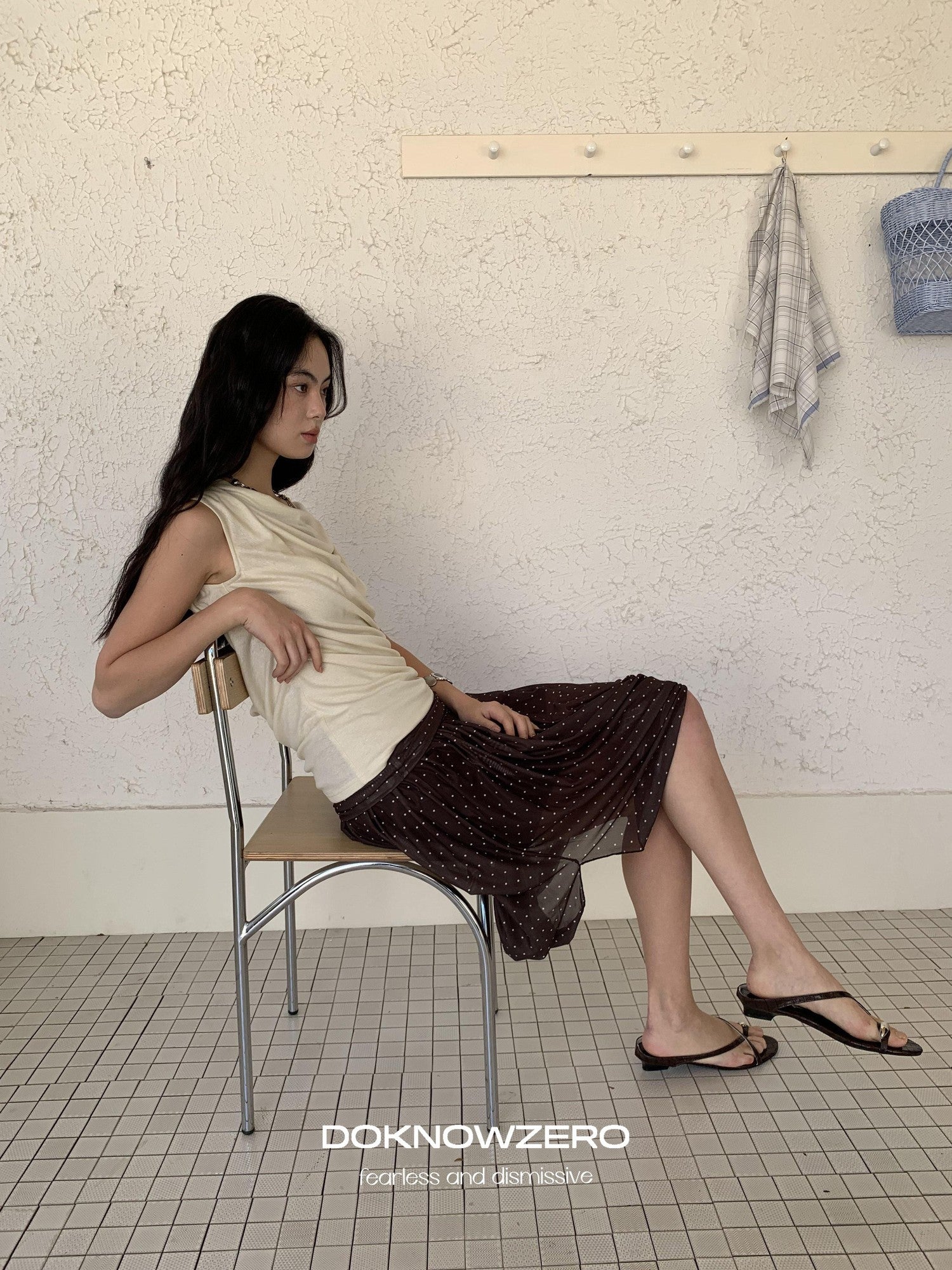 DKZ OFFICIAL Polka Dot Pleated Asymmetrical Elastic Waist Women&