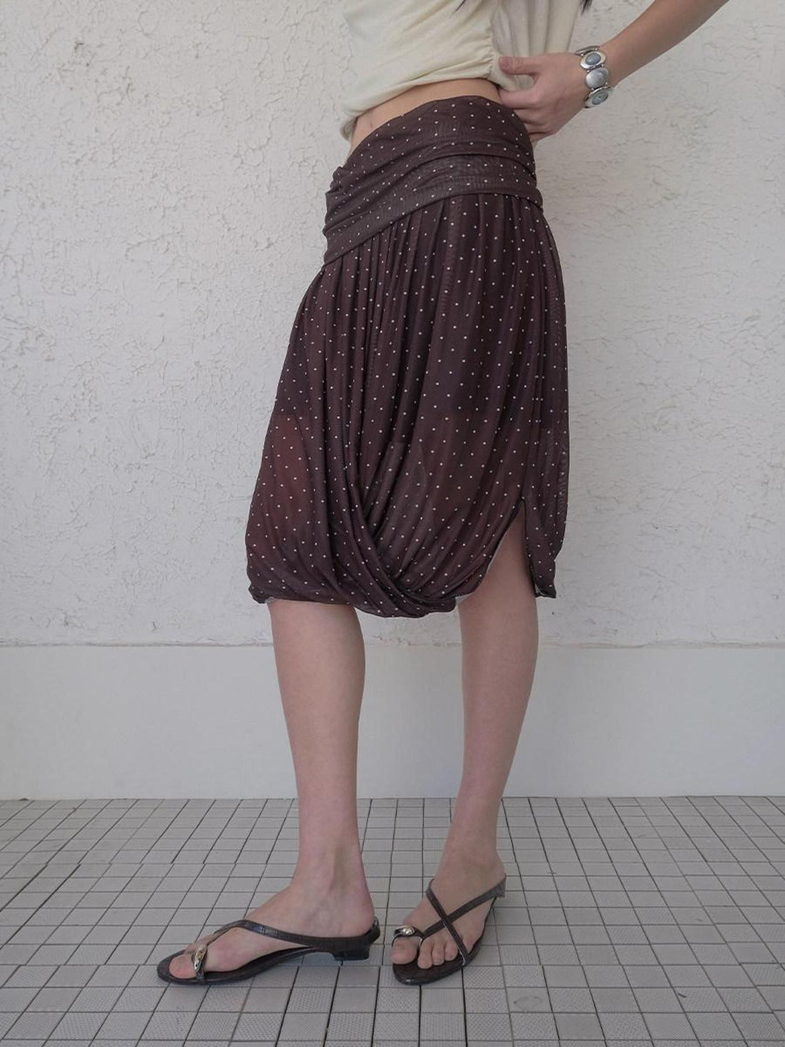 DKZ OFFICIAL Polka Dot Pleated Asymmetrical Elastic Waist Women&