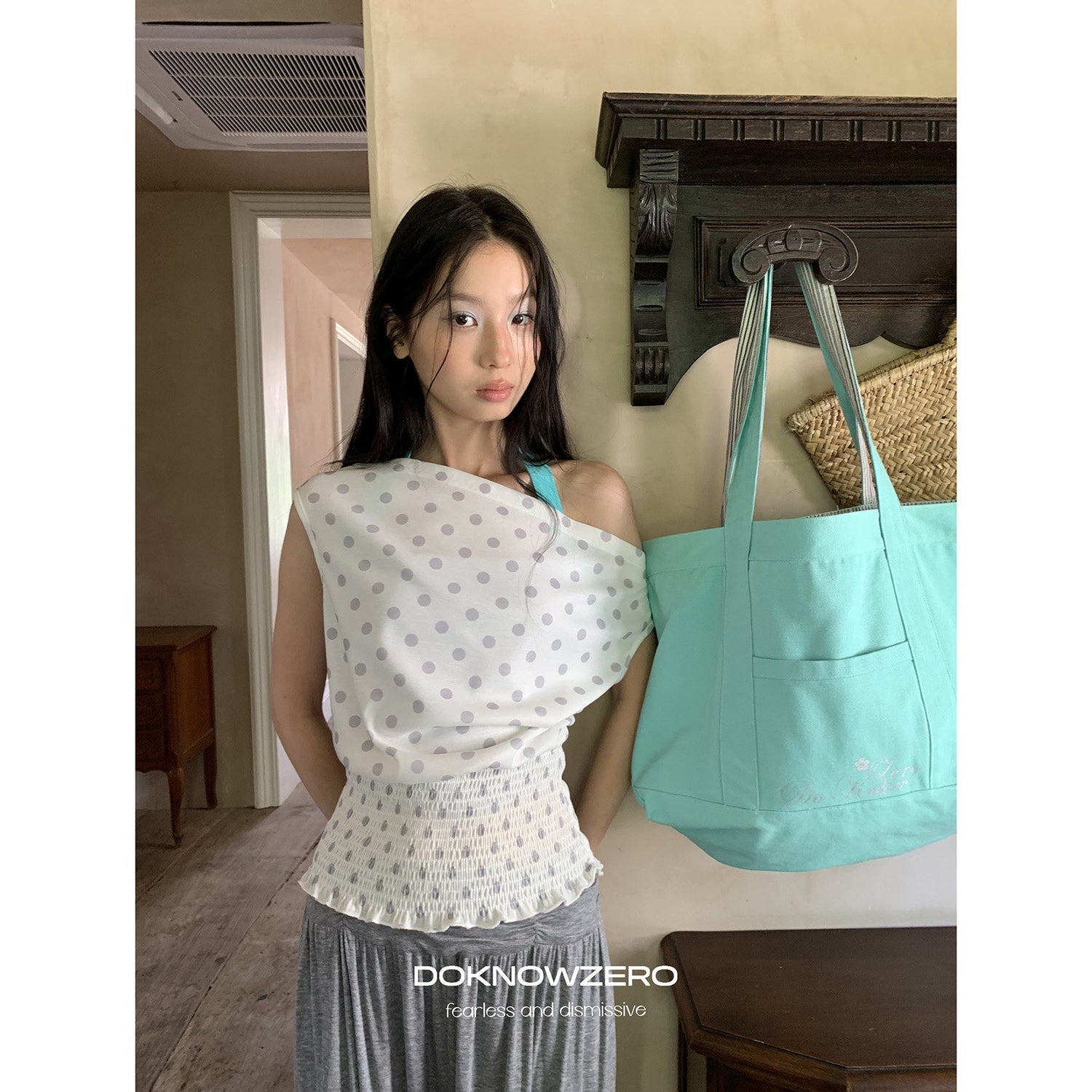 DKZ_OFFICIAL_Polka_Dot_Ruched_Waist_Slanted_Neck_Women&