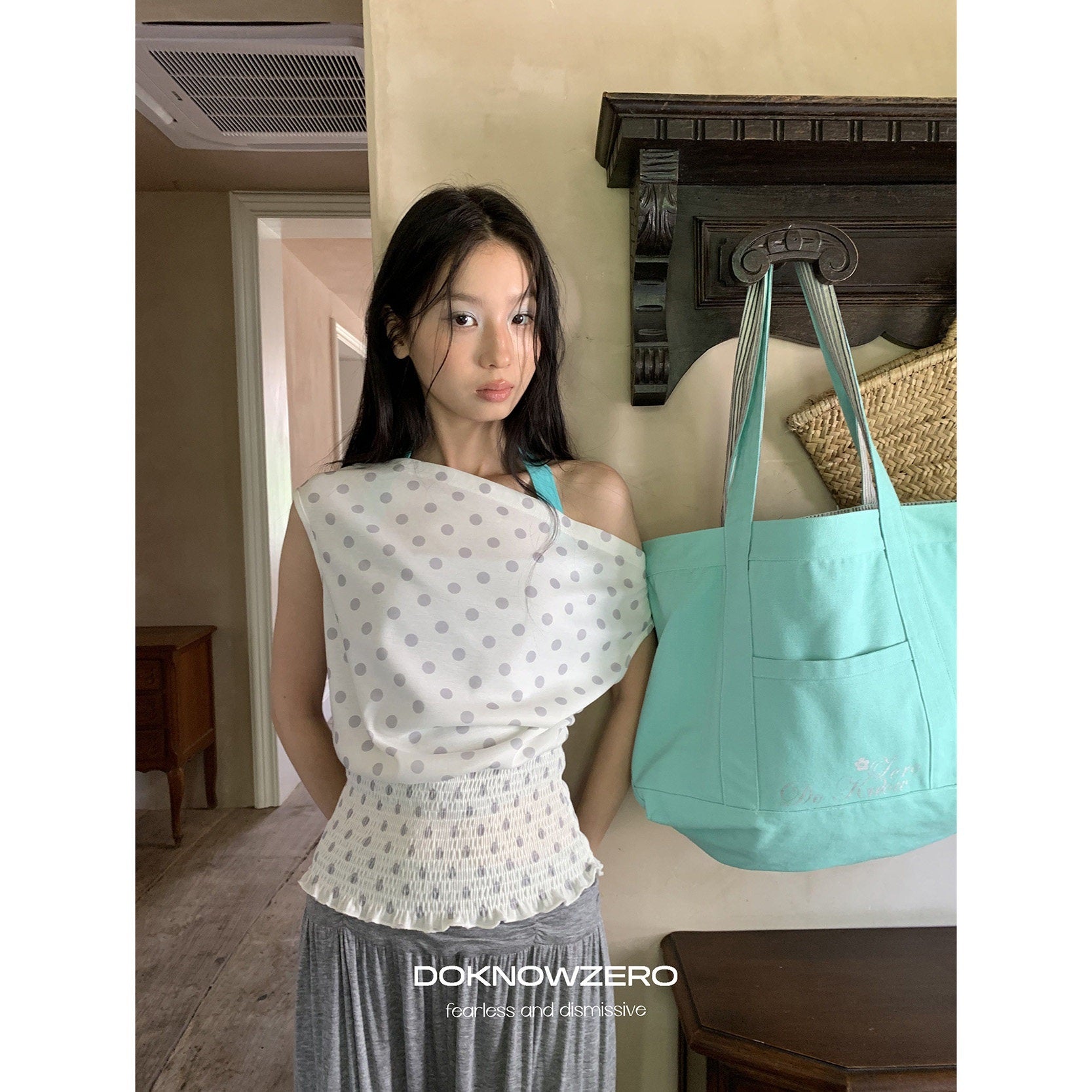 DKZ_OFFICIAL_Polka_Dot_Ruched_Waist_Slanted_Neck_Women&