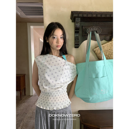 DKZ_OFFICIAL_Polka_Dot_Ruched_Waist_Slanted_Neck_Women&