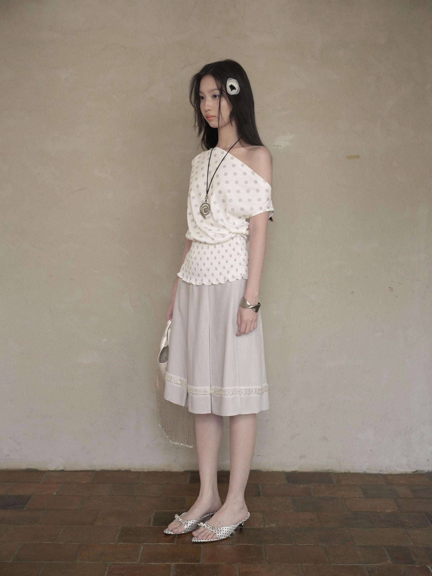 DKZ OFFICIAL Polka Dot Ruched Waist Slanted Neck Women&