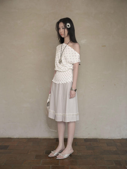 DKZ OFFICIAL Polka Dot Ruched Waist Slanted Neck Women&
