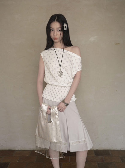 DKZ OFFICIAL Polka Dot Ruched Waist Slanted Neck Women&