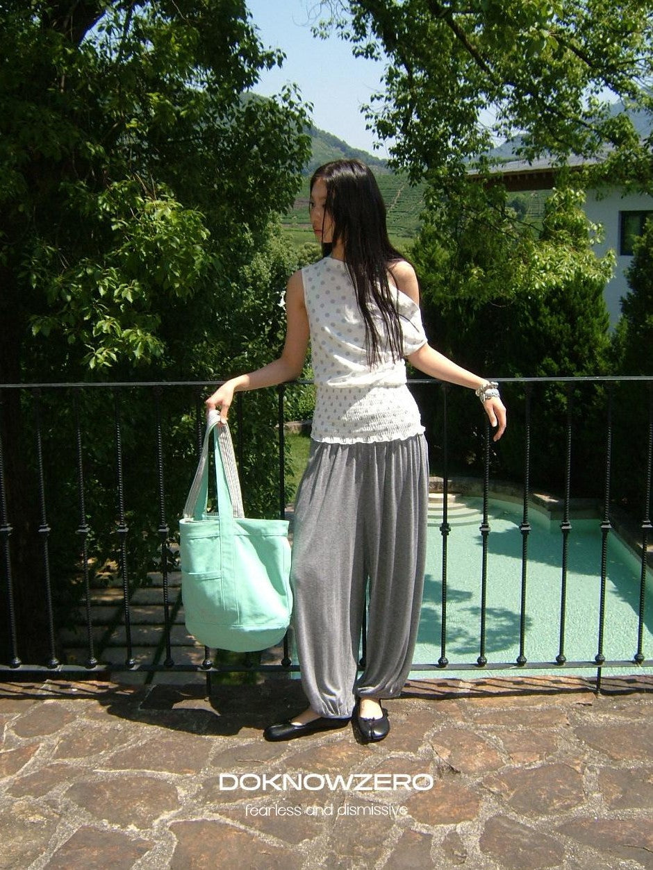 DKZ OFFICIAL Polka Dot Ruched Waist Slanted Neck Women&