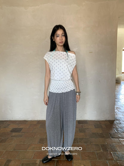 DKZ OFFICIAL Polka Dot Ruched Waist Slanted Neck Women&
