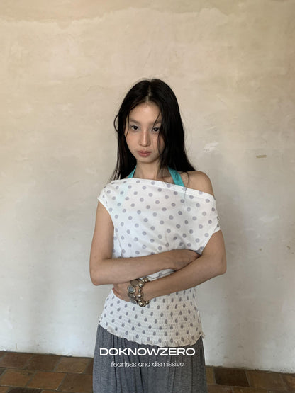 DKZ OFFICIAL Polka Dot Ruched Waist Slanted Neck Women&