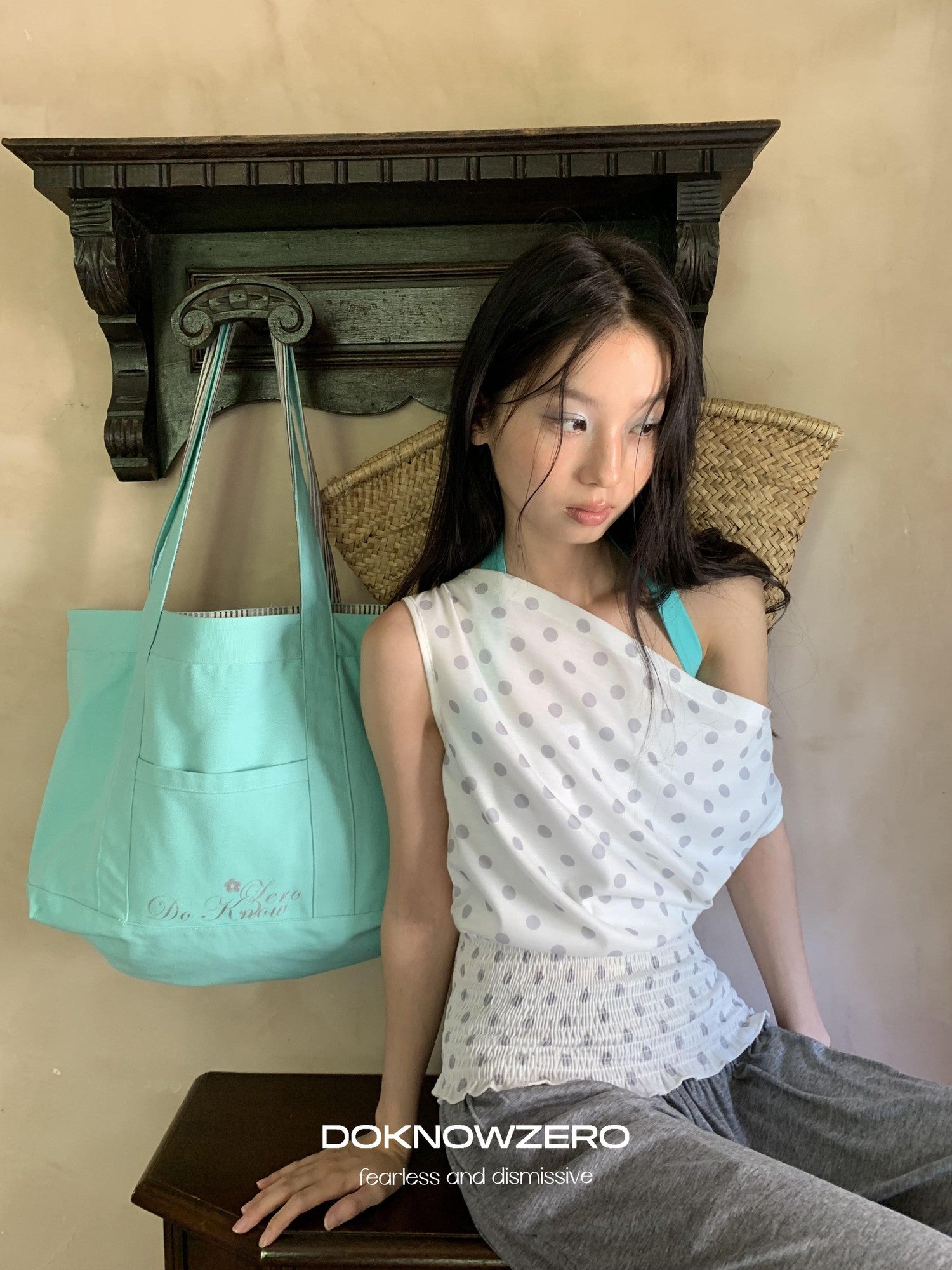 DKZ OFFICIAL Polka Dot Ruched Waist Slanted Neck Women&