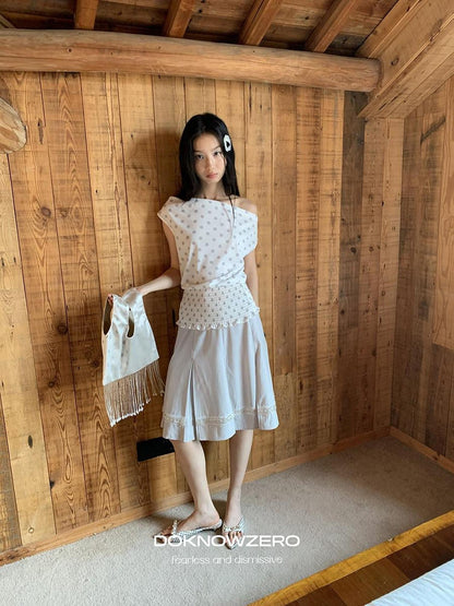 DKZ OFFICIAL Polka Dot Ruched Waist Slanted Neck Women&