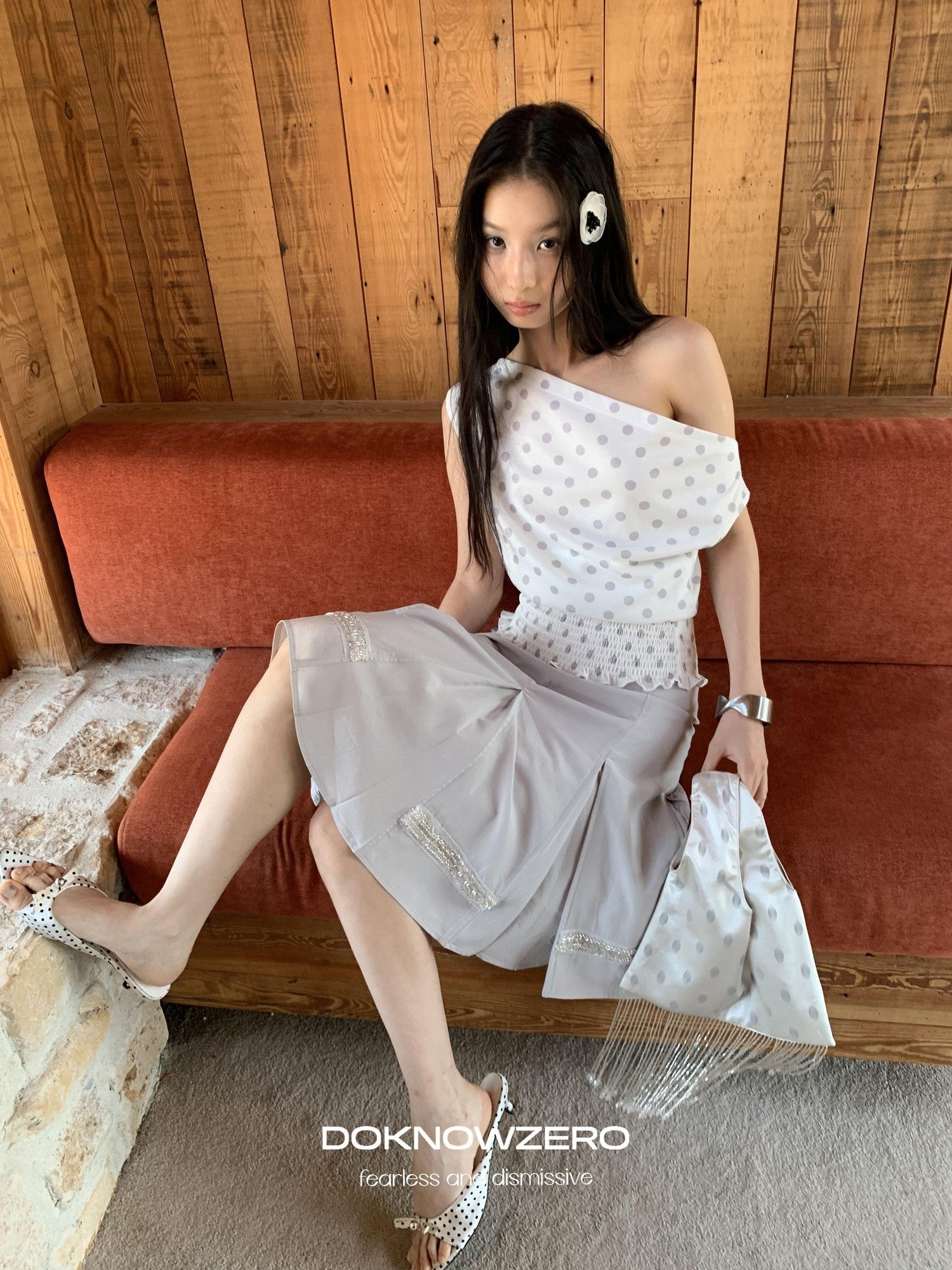 DKZ OFFICIAL Polka Dot Ruched Waist Slanted Neck Women&