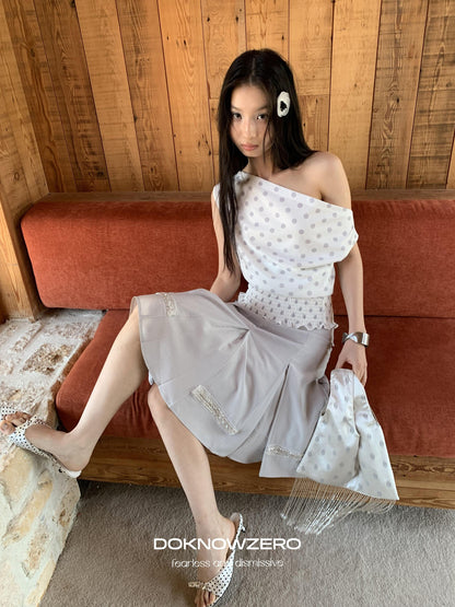 DKZ OFFICIAL Polka Dot Ruched Waist Slanted Neck Women&