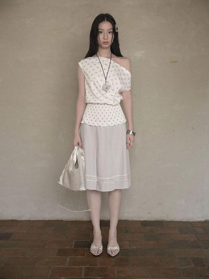 DKZ OFFICIAL Polka Dot Ruched Waist Slanted Neck Women&