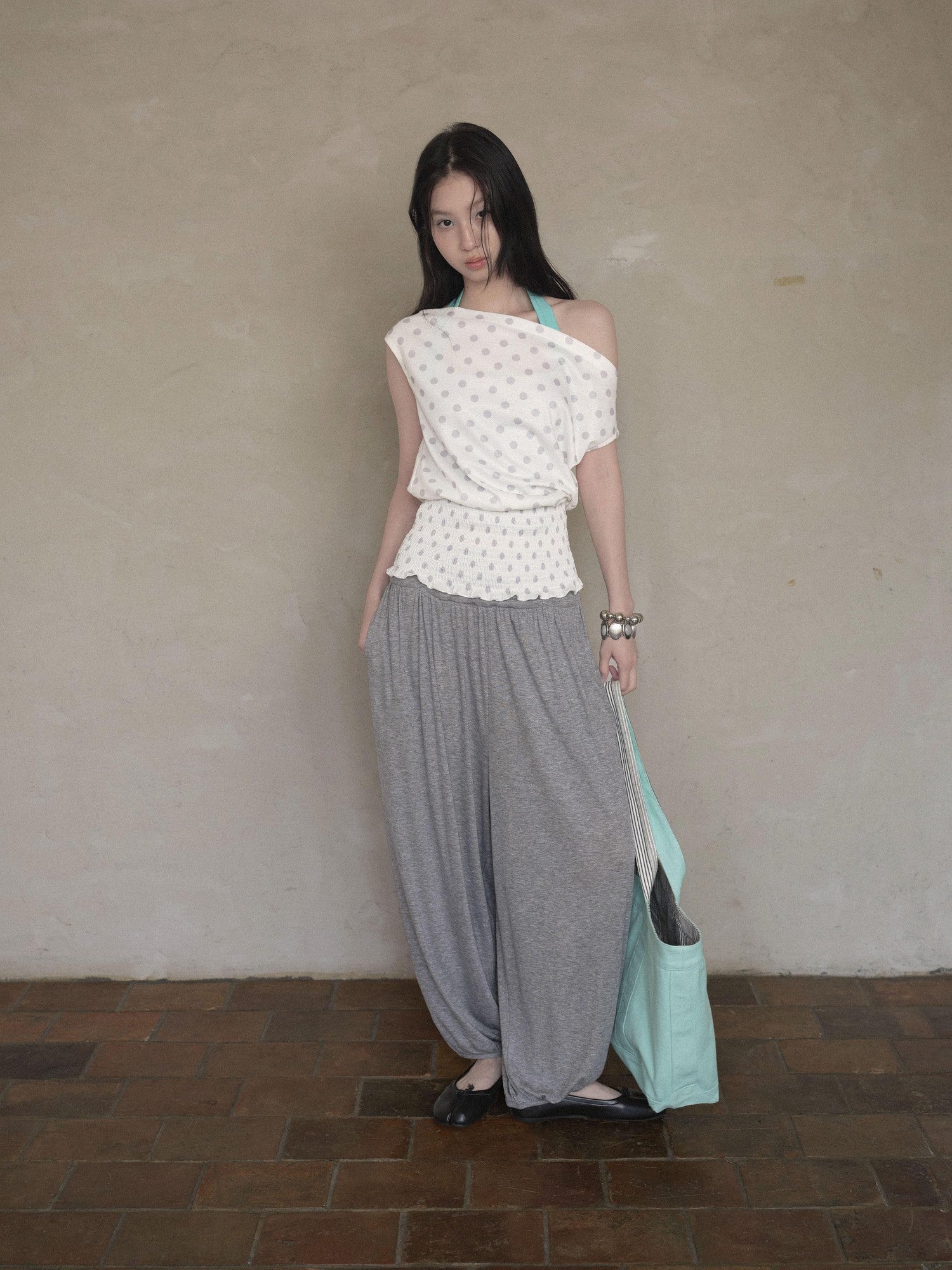 DKZ OFFICIAL Polka Dot Ruched Waist Slanted Neck Women&