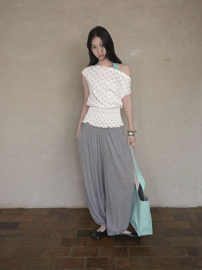 DKZ OFFICIAL Polka Dot Ruched Waist Slanted Neck Women&