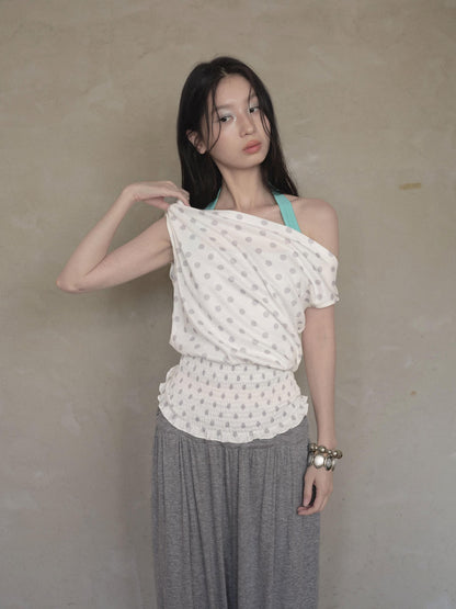 DKZ OFFICIAL Polka Dot Ruched Waist Slanted Neck Women&