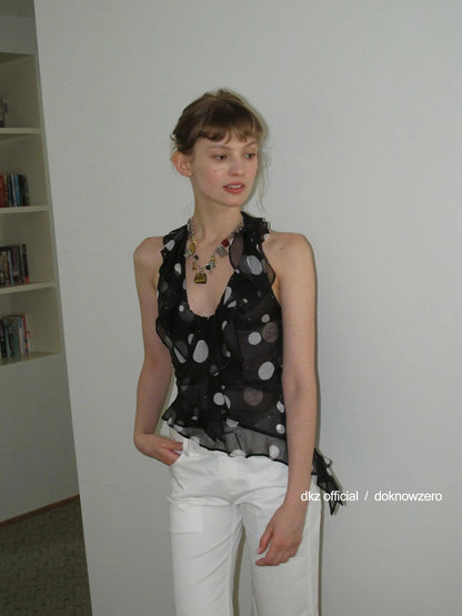 DKZ OFFICIAL Polka Dot Ruffled Halter Top