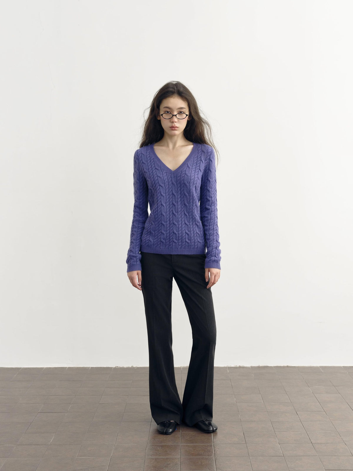 DKZ OFFICIAL Purple Cable Knit V-neck Women&