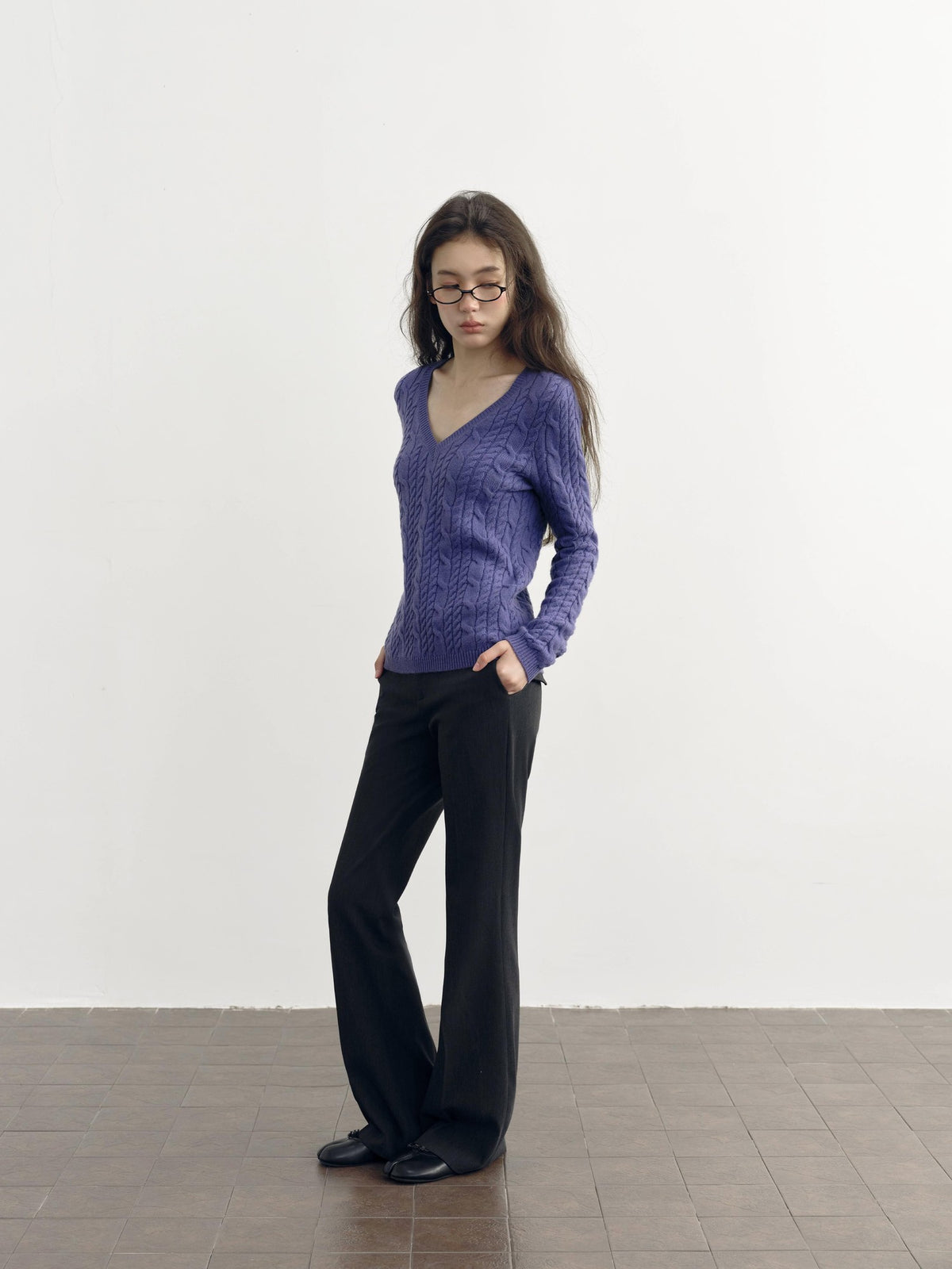 DKZ OFFICIAL Purple Cable Knit V-neck Women&
