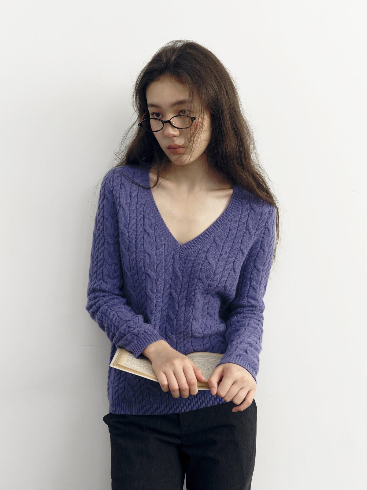 DKZ OFFICIAL Purple Cable Knit V-neck Women&