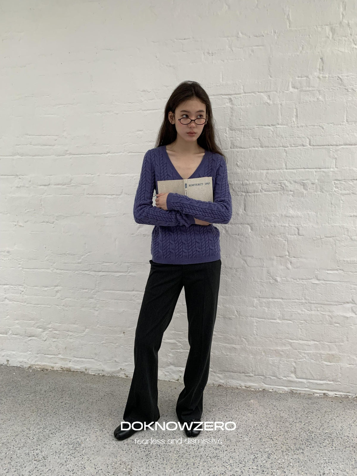 DKZ OFFICIAL Purple Cable Knit V-neck Women&