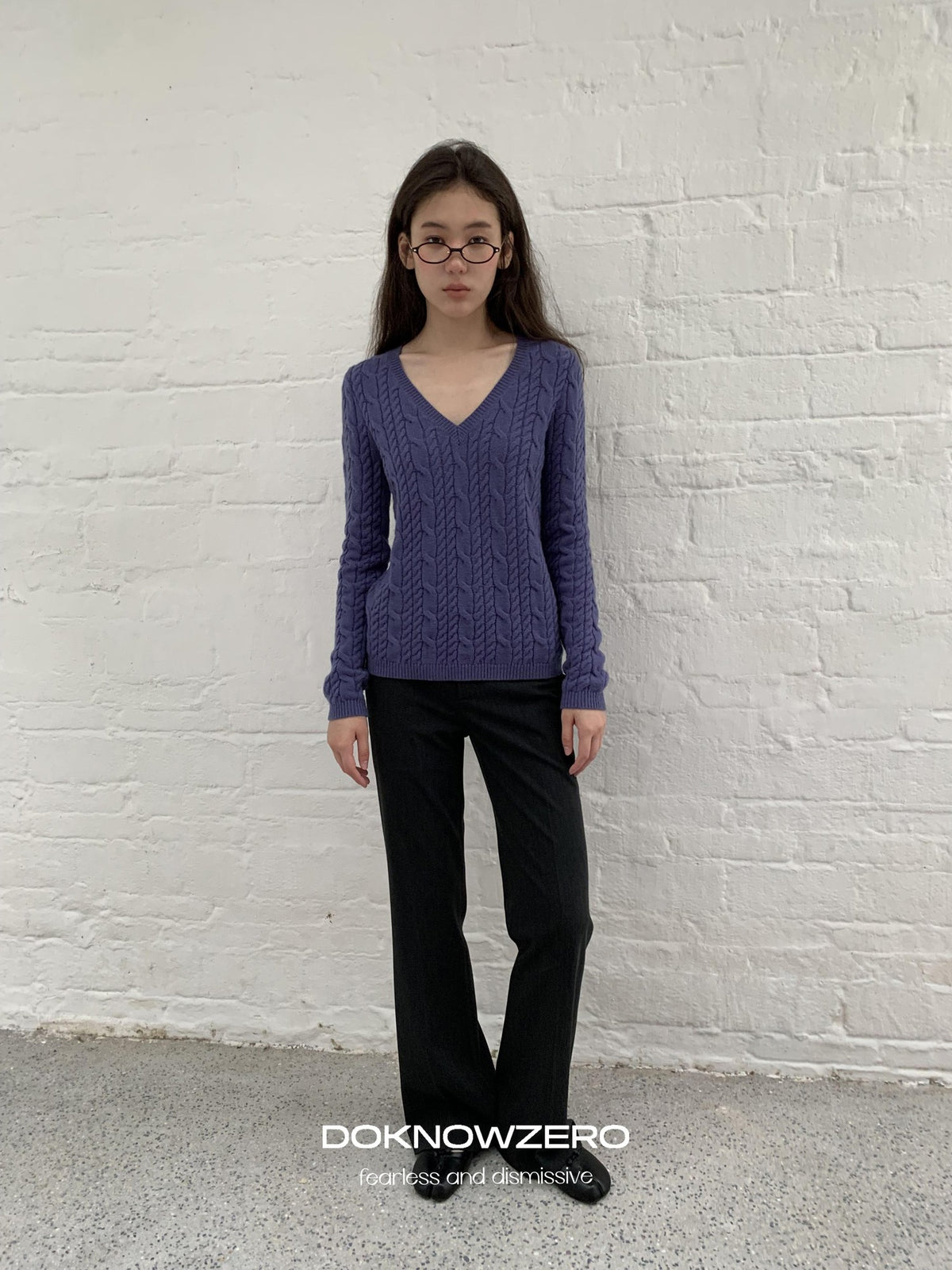 DKZ OFFICIAL Purple Cable Knit V-neck Women&
