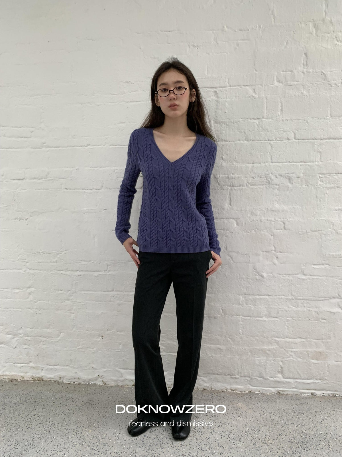 DKZ OFFICIAL Purple Cable Knit V-neck Women&