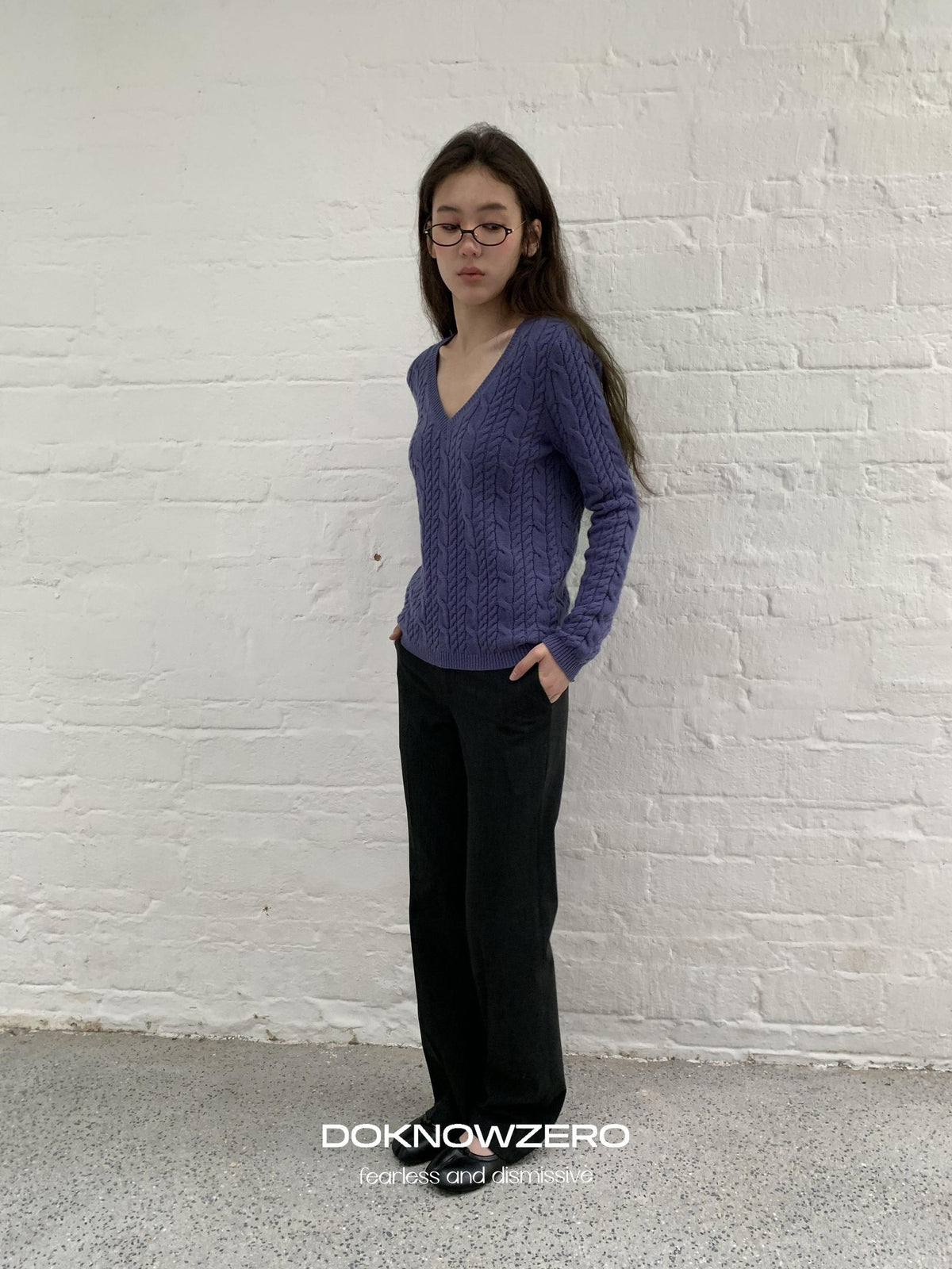 DKZ OFFICIAL Purple Cable Knit V-neck Women&