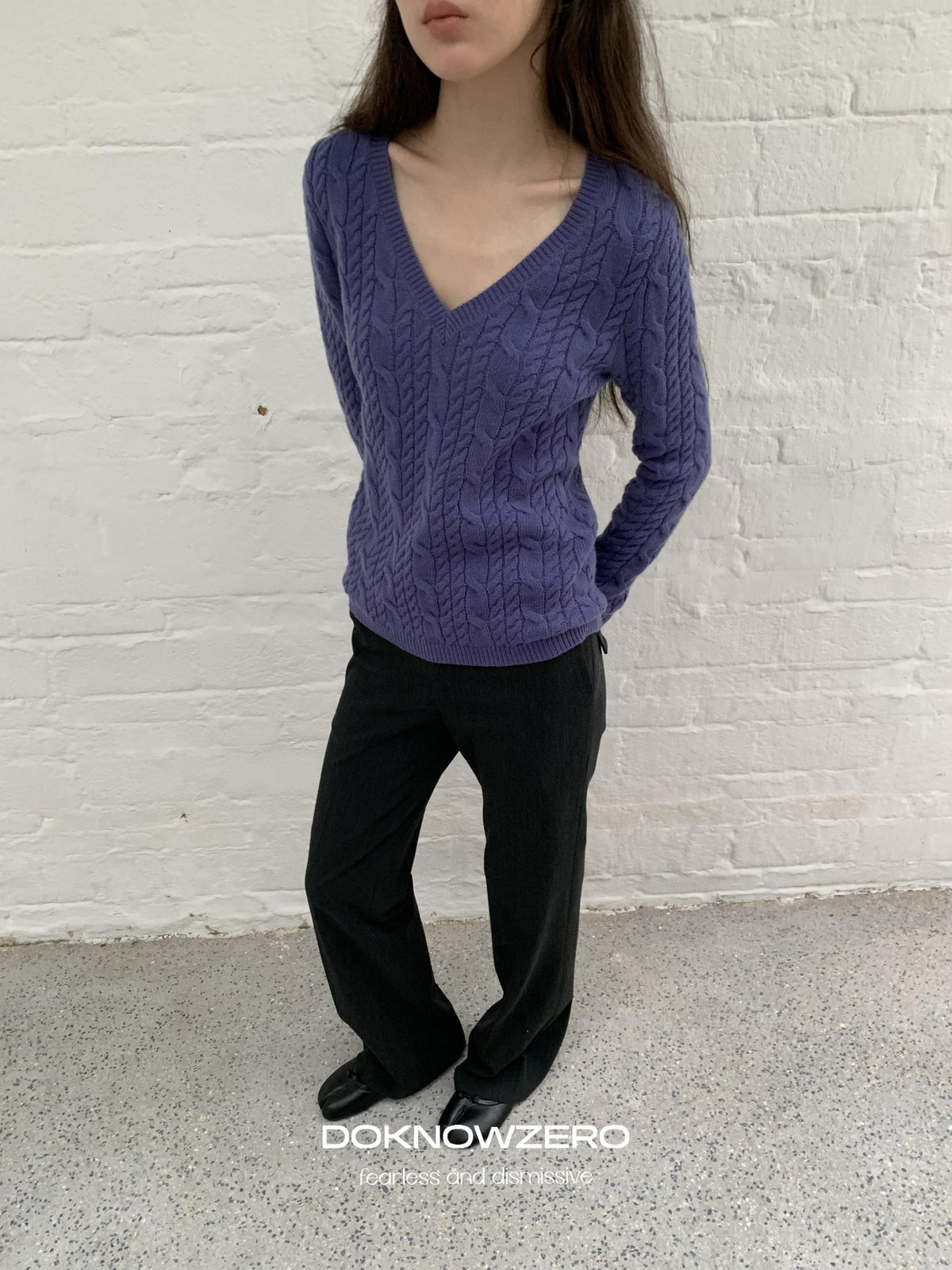 DKZ OFFICIAL Purple Cable Knit V-neck Women&