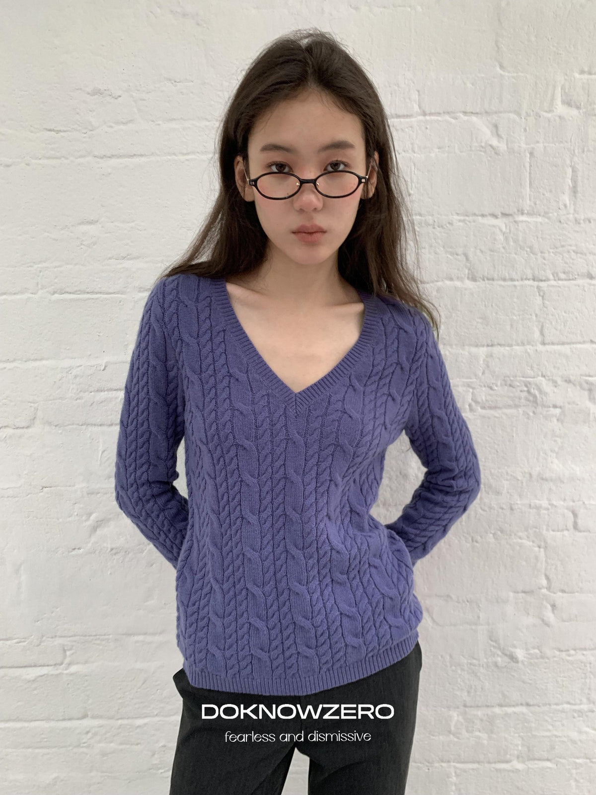 DKZ OFFICIAL Purple Cable Knit V-neck Women&
