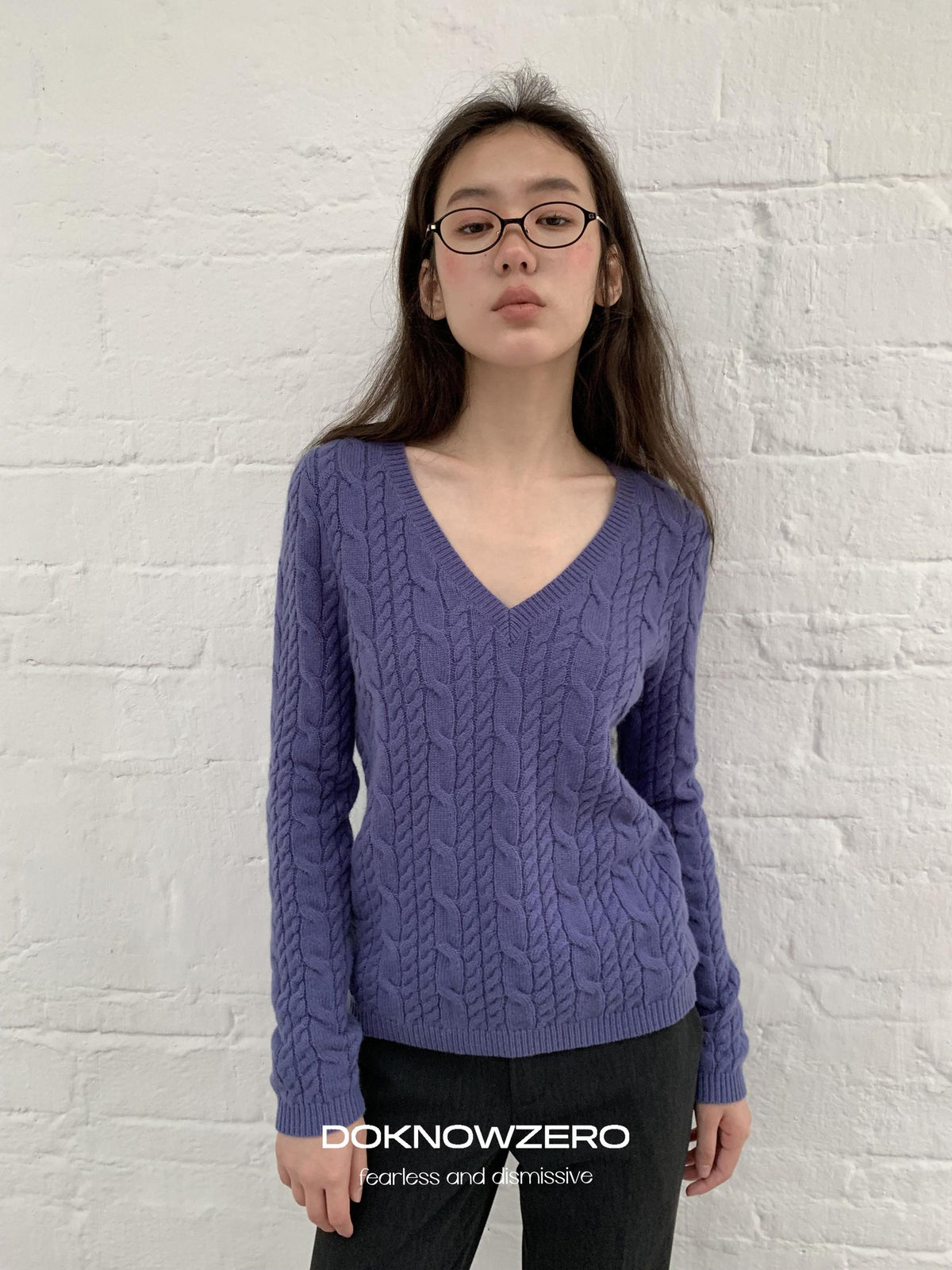 DKZ OFFICIAL Purple Cable Knit V-neck Women&