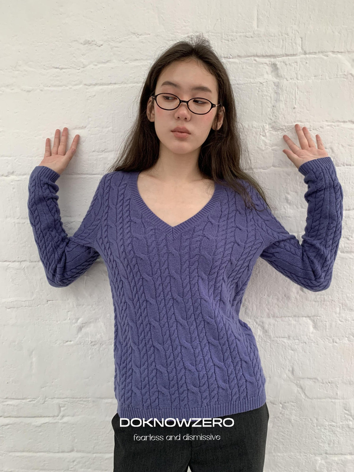 DKZ OFFICIAL Purple Cable Knit V-neck Women&