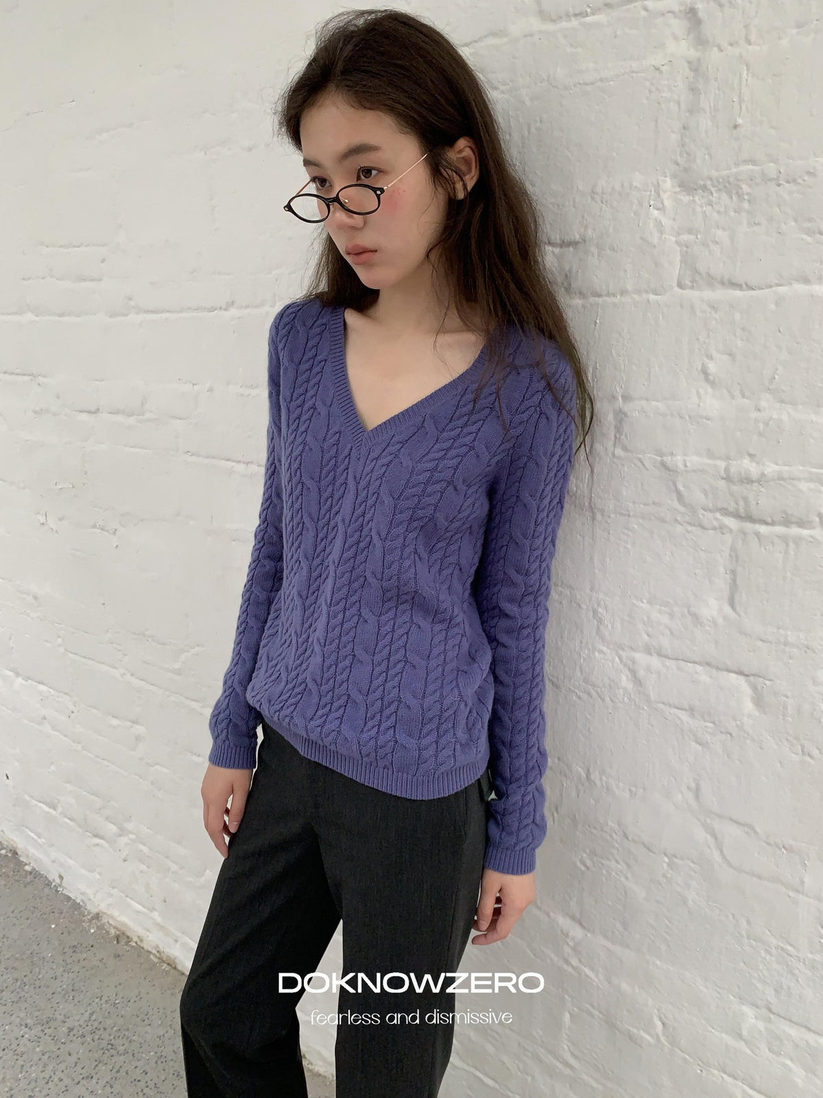 DKZ OFFICIAL Purple Cable Knit V-neck Women&