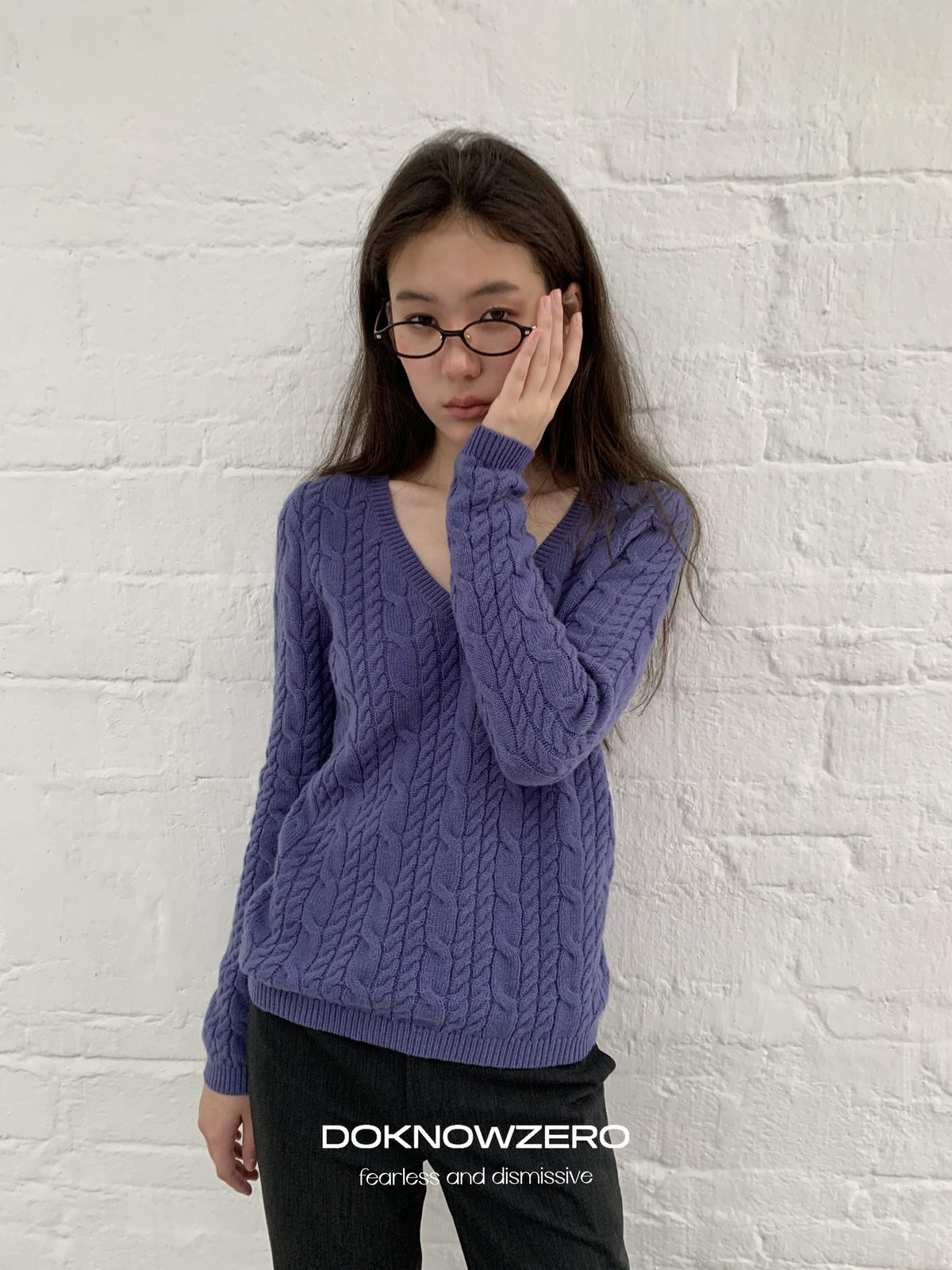 DKZ OFFICIAL Purple Cable Knit V-neck Women&