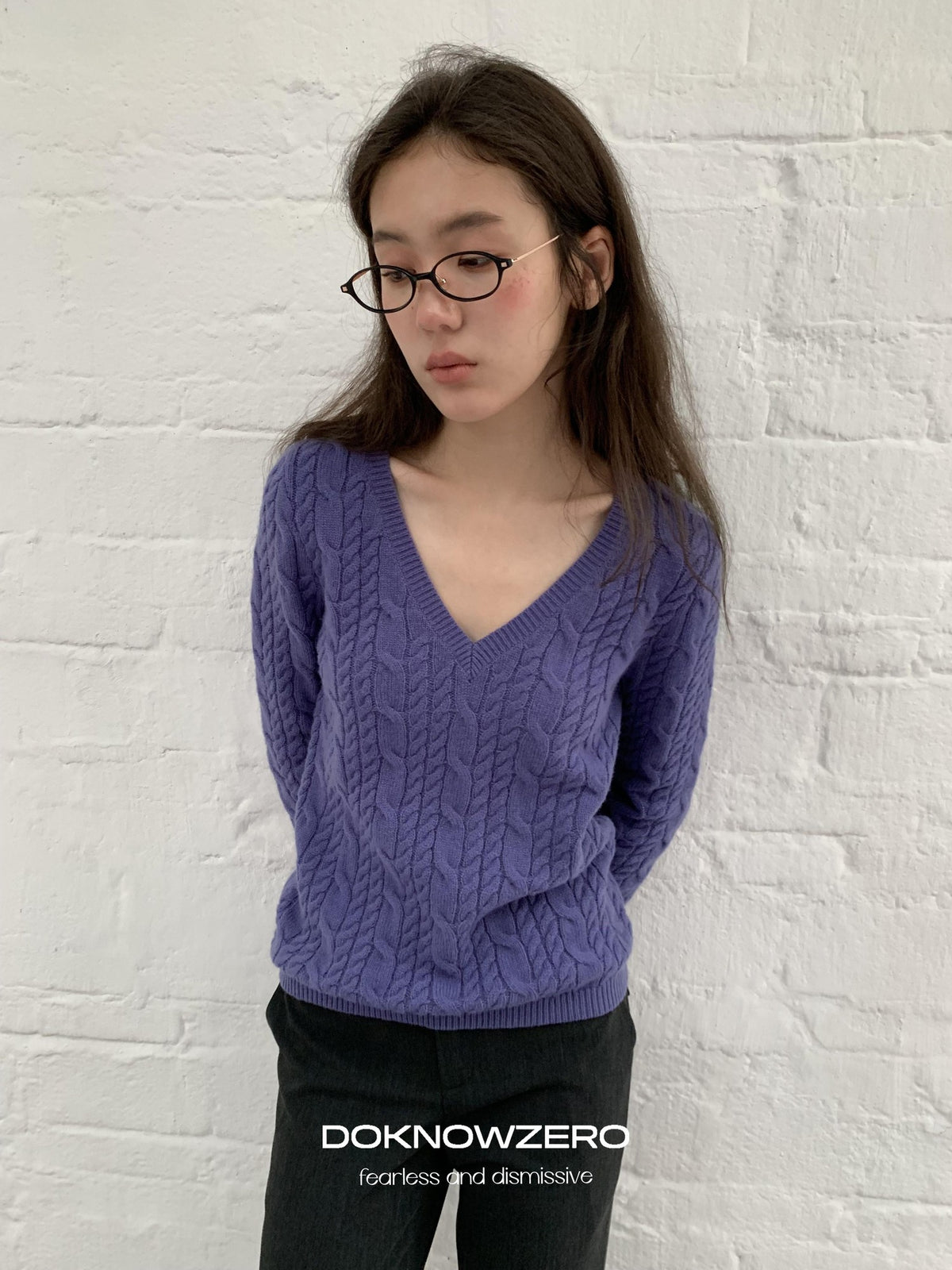 DKZ OFFICIAL Purple Cable Knit V-neck Women&