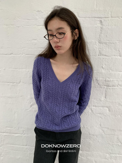 DKZ OFFICIAL Purple Cable Knit V-neck Women&