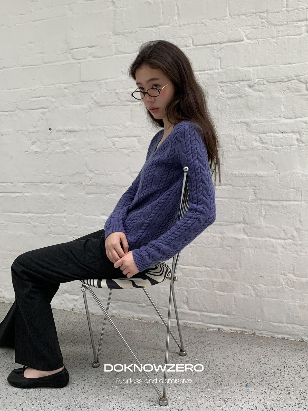 DKZ OFFICIAL Purple Cable Knit V-neck Women&