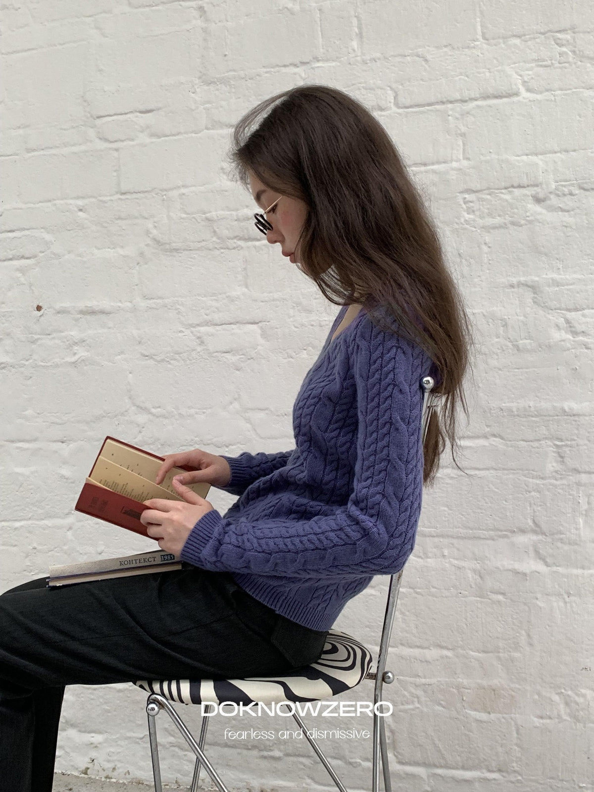 DKZ OFFICIAL Purple Cable Knit V-neck Women&