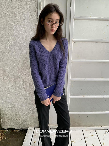 DKZ OFFICIAL Purple Cable Knit V-neck Women&
