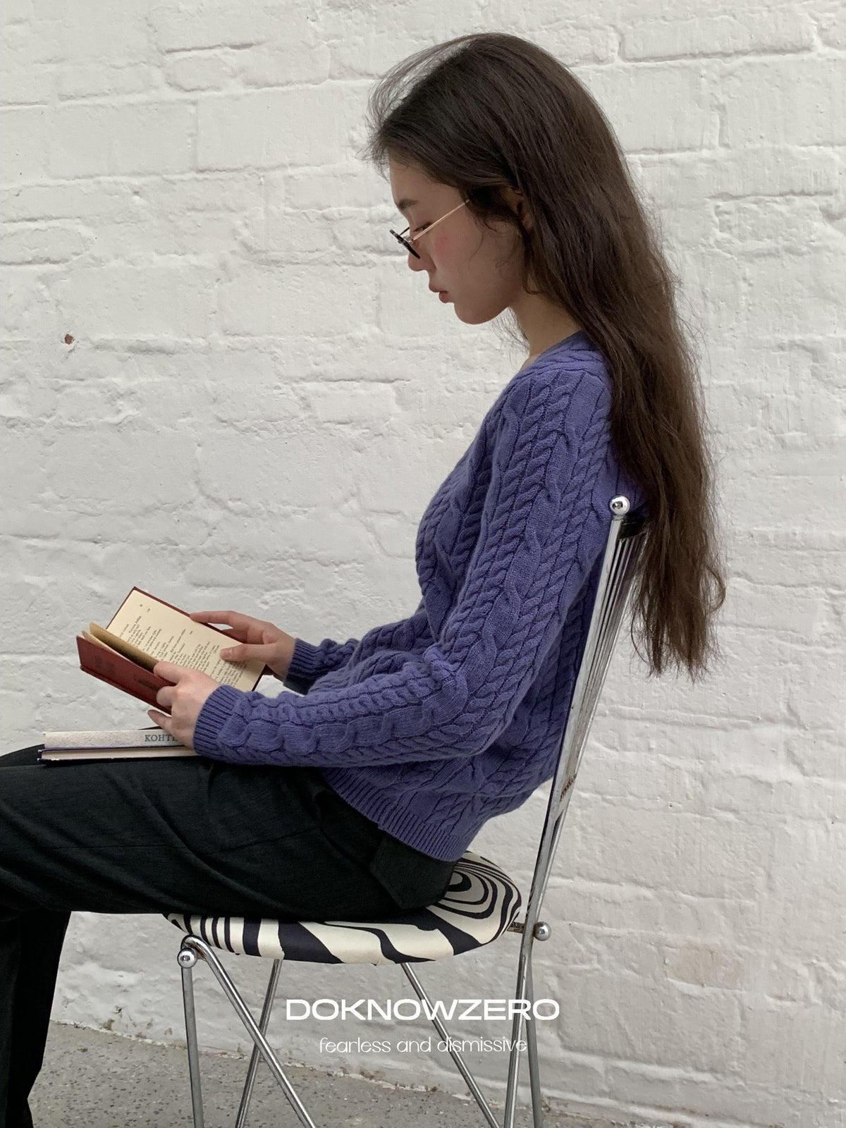 DKZ OFFICIAL Purple Cable Knit V-neck Women&