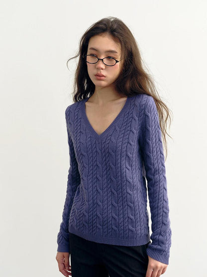 DKZ OFFICIAL Purple Cable Knit V-neck Women&