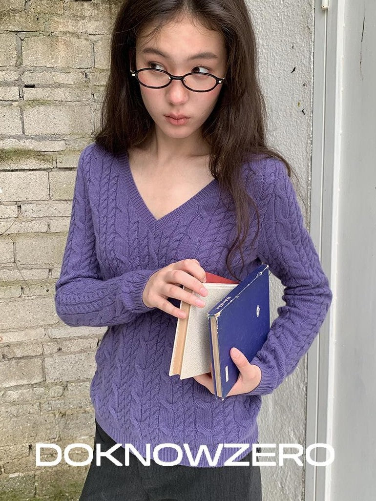 DKZ OFFICIAL Purple Cable Knit V-neck Women&