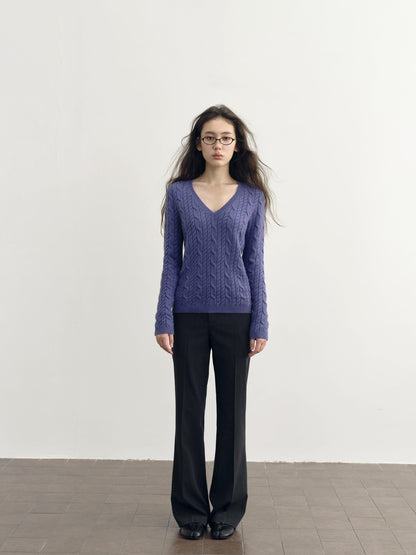 DKZ OFFICIAL Purple Cable Knit V-neck Women&