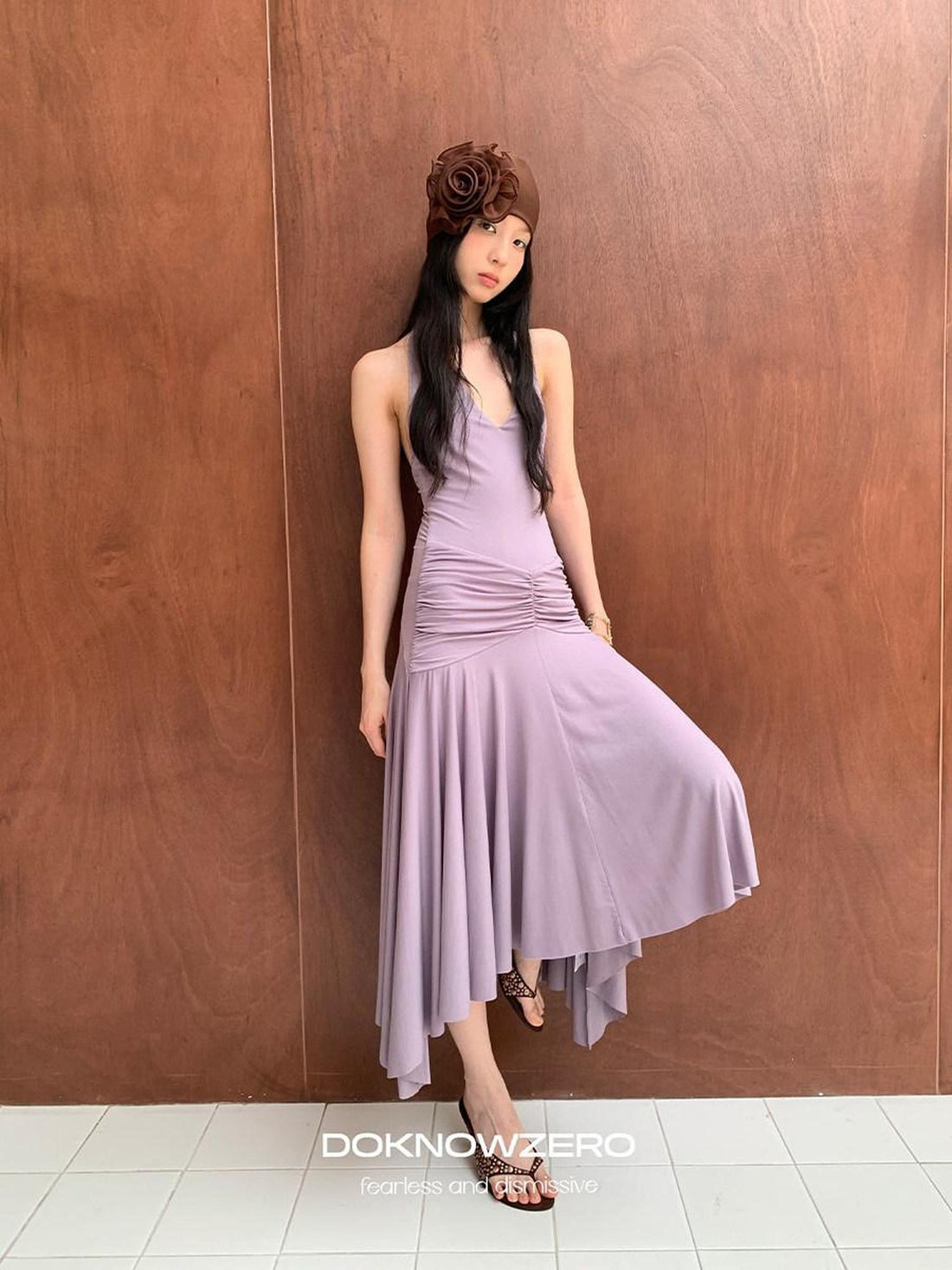 DKZ OFFICIAL Purple Deep V Halter Backless Pleated Women&